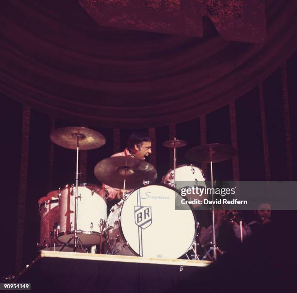 American jazz drummer Buddy Rich performs live on stage playing a Slingerland drum kit circa 1970.