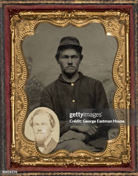 Portrait of a Union Army soldier seated with hands crossed, Pennsylvania, ca. 1865. From inside case pillow is embossed: Newcomer's Gallery 508 No...