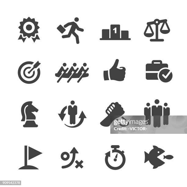 business competition icons set - acme series - arm wrestling stock illustrations