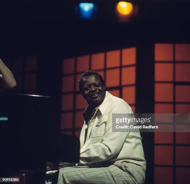 Oscar Peterson performs on a tv show filmed at BBC Television Centre in London, England in March 1977.