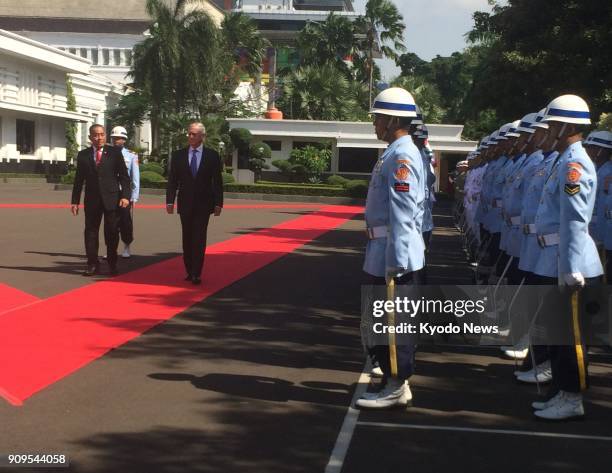 Photo shows a welcoming ceremony by Indonesian Defense Minister Ryamizard Ryacudu for visiting U.S. Defense Secretary Jim Mattis on Tuesday, Jan. 23,...