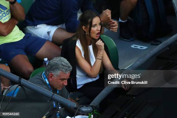 Ester Satorova, wife of Tomas Berdych of the Czech Republic, looks on during his quarter final match against Roger Federer of Switzerland on day 10...