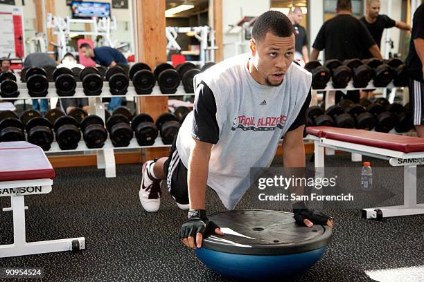 Brandon Roy of the Portland Trail Blazers participates in conditioning exercises during his daily workout at the Trail Blazer Practice Facility in...