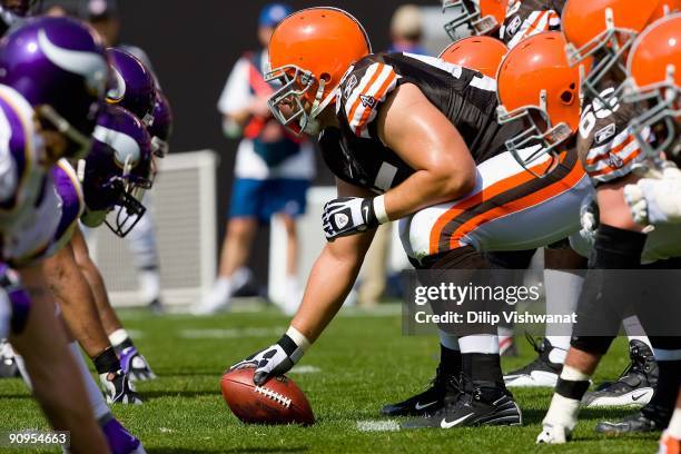 John Sullivan of the Cleveland Browns lines up against the Minnesota Vikings on September 13, 2009 at Cleveland Browns Stadium in Cleveland, Ohio....