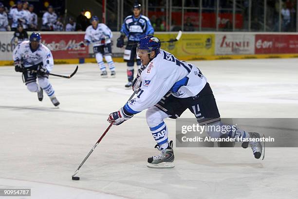 Justin Papineau of Mannheim skates during the DEL match between Straubing Tigers and Adler Mannheim at the Eisstadion am Pulverturm on September 18,...