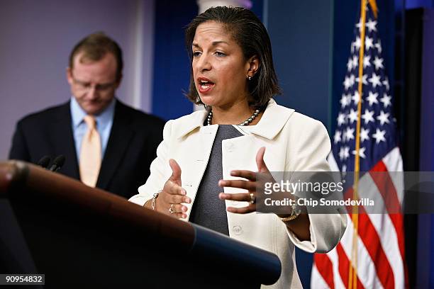 United Nations Ambassador Susan Rice answers reporters' quesitons during a press breifing with Press Secretary Robert Gibbs at the White House...