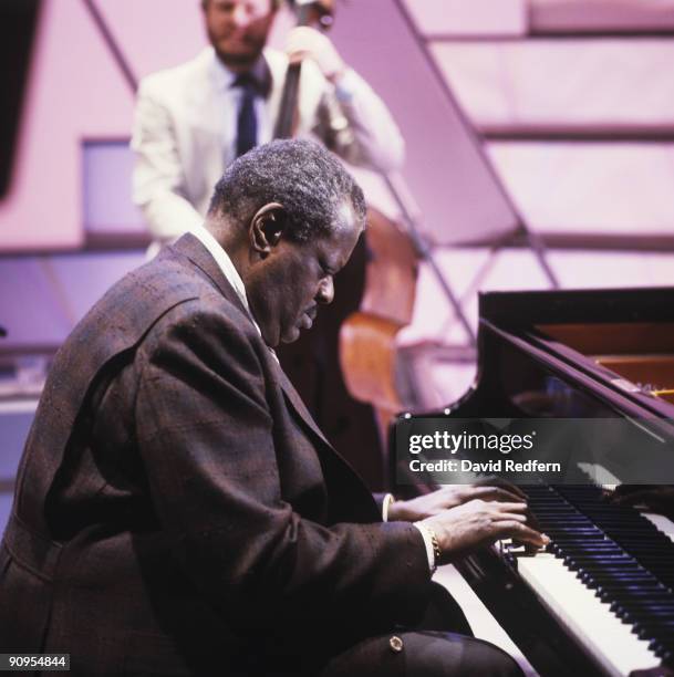 Oscar Peterson performs on a television show filmed in London, England in March 1984.