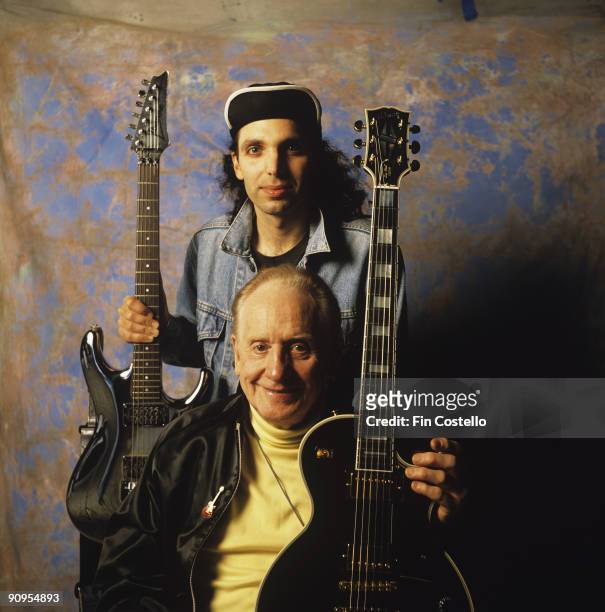 Guitar inventor Les Paul with Joe Satriani in October 1991.