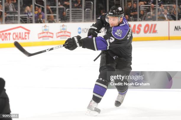 Jack Johnson of the Los Angeles Kings shoots against the Phoenix Coyotes on September 15, 2009 at Staples Center in Los Angeles, California.