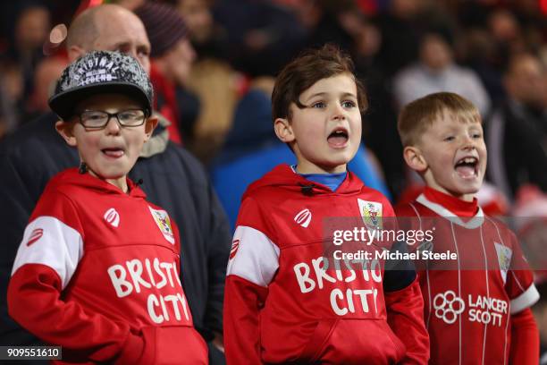 Young Bristol City supporters look on during the Carabao Cup Semi-Final Second Leg match between Bristol City and Manchester City at Ashton Gate on...