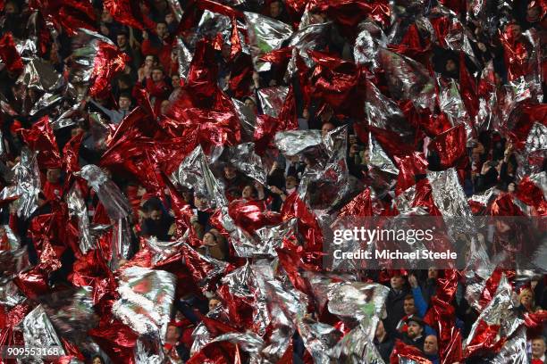 Bristol City supporters wave flags as the teams enter the field during the Carabao Cup Semi-Final Second Leg match between Bristol City and...