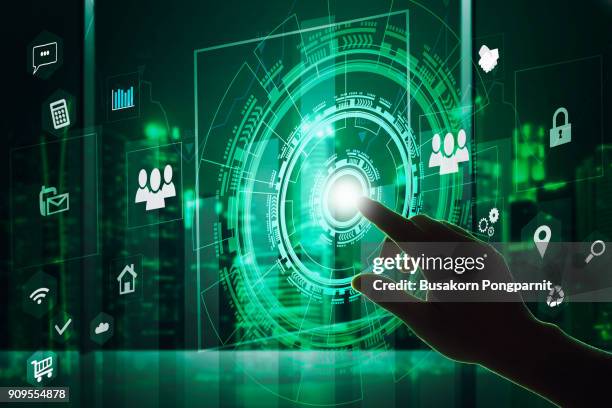 businessman hand touching the future, interface technology concept background - comunicazione multimediale foto e immagini stock