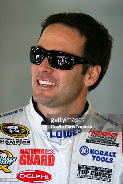 Jimmie Johnson driver of the Lowe's Chevrolet during practice for the NASCAR Sprint Cup Series Sylvania 300 at the New Hampshire Motor Speedway on...