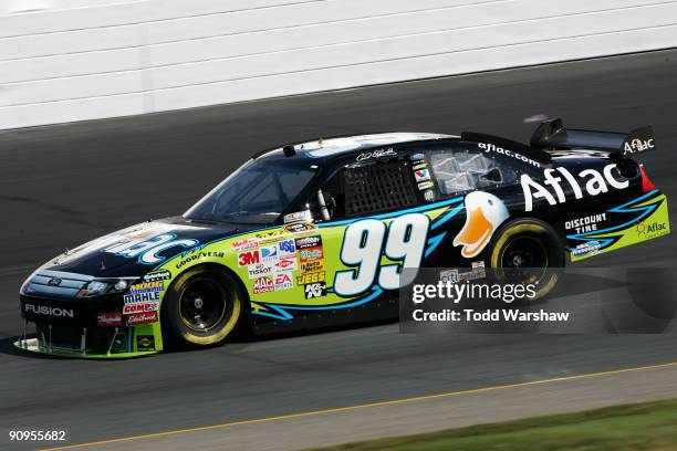 Carl Edwards, driver of the Aflac Ford, drives during practice for the NASCAR Sprint Cup Series Sylvania 300 at the New Hampshire Motor Speedway on...
