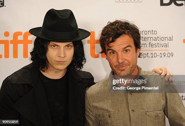 Musician Jack White and director Emmett Malloy pose onstage at the "White Stripes: Under The Great White Northern Lights" press conference held at...