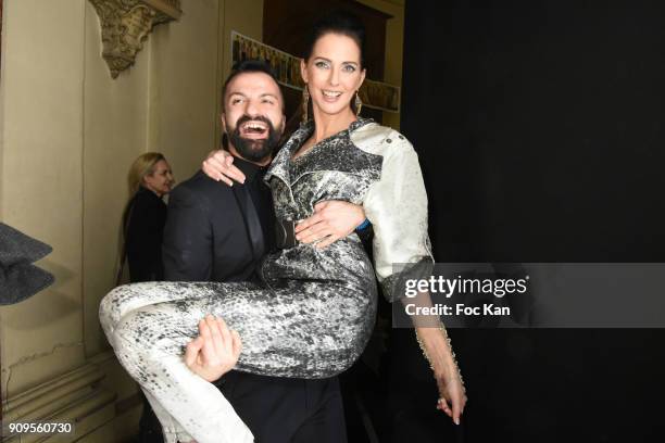 Frederique Bel and designer Julien Fournie attend the Julien Fournie Haute Couture Spring Summer 2018 show as part of Paris Fashion Week on January...
