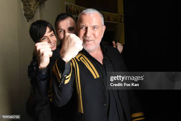 Sophie Chevallier-Lavilliers, designer Julien Fournie and singer Bernard Lavilliers attend the Julien Fournie Haute Couture Spring Summer 2018 show...