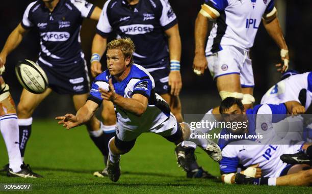 Michael Claasens of Bath passes the ball away during the Guinness Premiership match between Sale Sharks and Bath at Edgeley Park on September 18,...