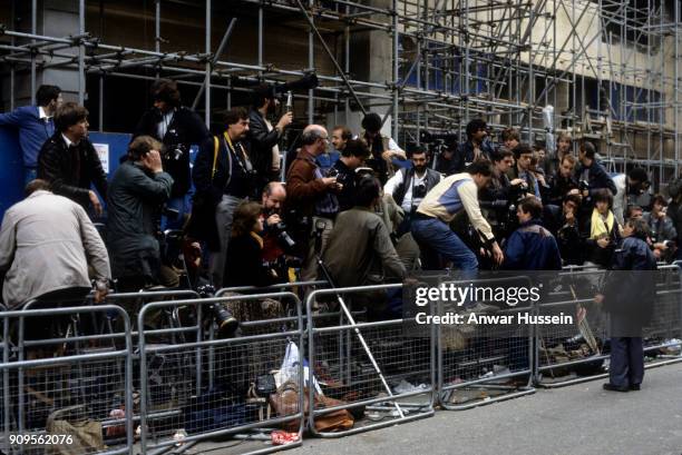 Press photographers wait outside the Lindo Wing of St. Mary's Hospital following the birth of Prince Harry on September 17, 1984 in London, England.