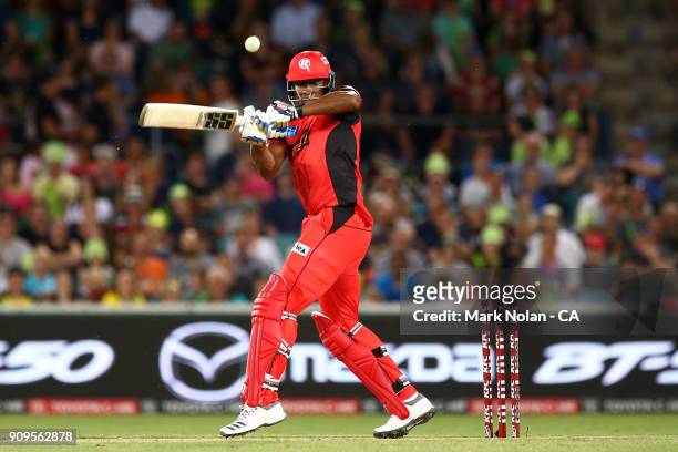 Kieron Pollard of the Renegades bats during the Big Bash League match between the Sydney Thunder and the Melbourne Renegades at Manuka Oval on...