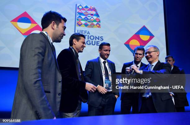 Deputy General Secretary Giorgio Marchetti instructs the representatives who will be drawing the names from the pots, Deco, Vladimir Smicer, Jari...