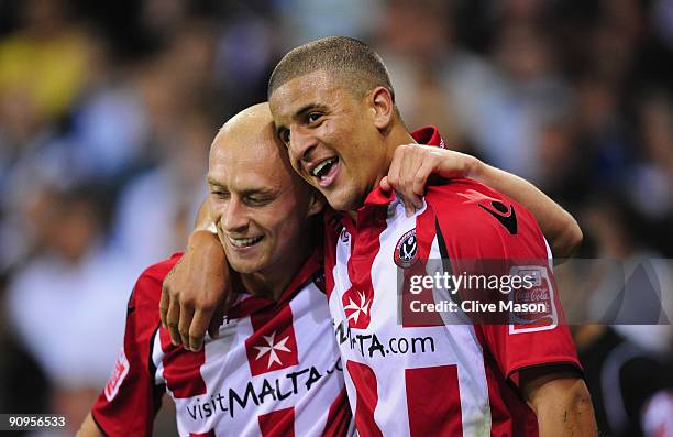 David Cotterill and Kyle Walker of Sheffield United celebrate during the Coca-Cola Championship match between Sheffield United and Sheffield...