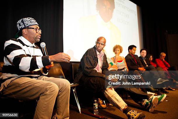 Spike Lee, Armond White, Margo Jefferson, Toure, Alan Light, Daphne Brooks and Harry Weinger attend a panel discussion on "Remembering Michael...