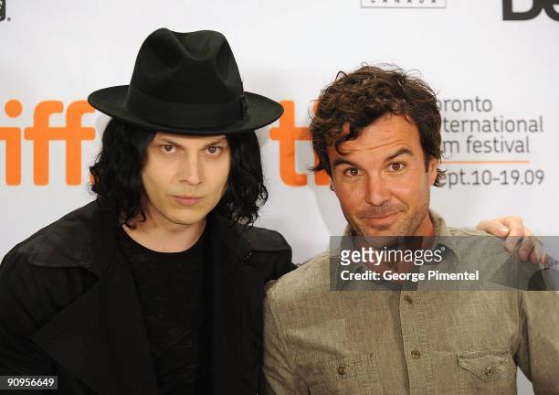 Musician Jack White and director Emmett Malloy pose onstage at the "White Stripes: Under The Great White Northern Lights" press conference held at...