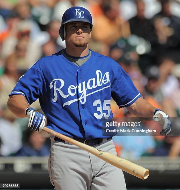 Mitch Maier of the Kansas City Royals looks on while batting against the Detroit Tigers during the game at Comerica Park on September 17, 2009 in...
