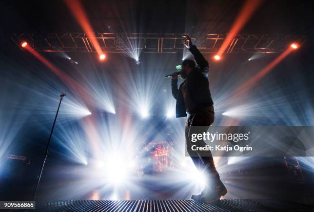 Danny Worsnop of Asking Alexandria performs live on stage at O2 Academy Birmingham on January 23, 2018 in Birmingham, England.