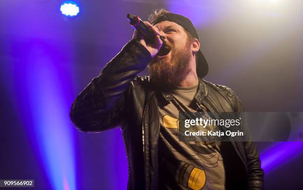 Danny Worsnop of Asking Alexandria performing live on stage at O2 Academy Birmingham on January 23, 2018 in Birmingham, England.