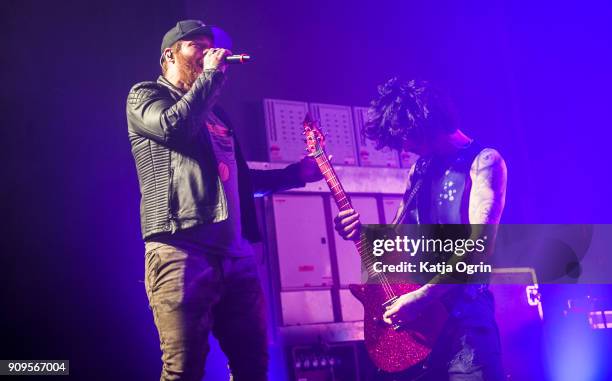 Danny Worsnop and Cameron Liddell of Asking Alexandria perform live on stage at O2 Academy Birmingham on January 23, 2018 in Birmingham, England.