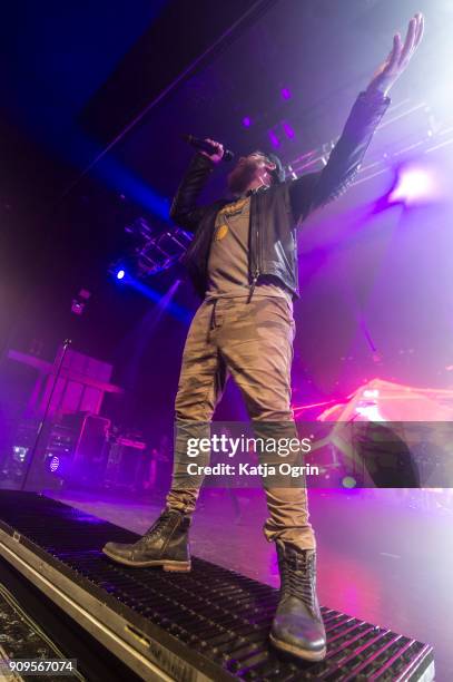 Danny Worsnop of Asking Alexandria performing live on stage at O2 Academy Birmingham on January 23, 2018 in Birmingham, England.