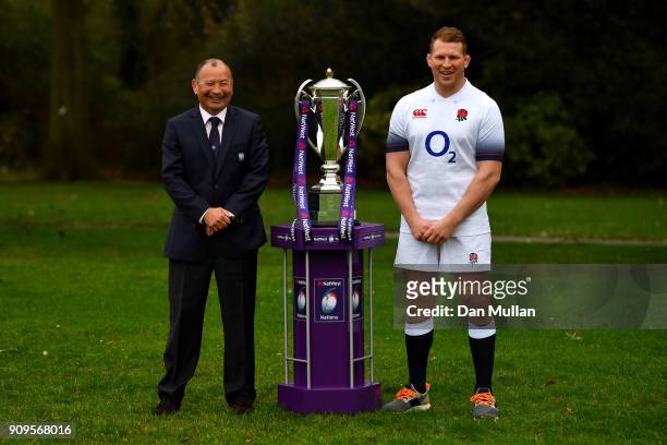 Head coach of England, Eddie Jones and Dylan Hartley of England pose with the trophy during the 6 Nations Launch event at the Hitlon on January 24,...
