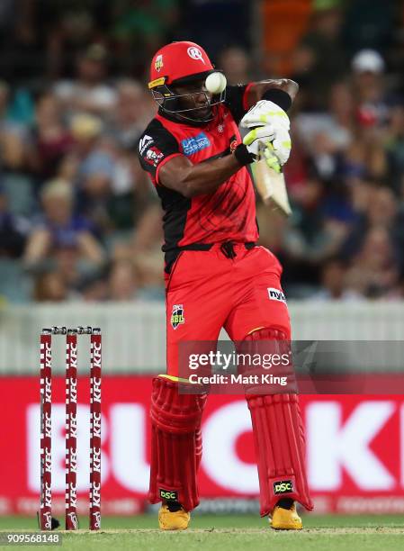 Dwayne Bravo of the Renegades bats during the Big Bash League match between the Sydney Thunder and the Melbourne Renegades at Manuka Oval on January...