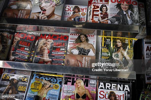 Elle", "Madame Figaro" and other magazines exposed in a newsstand on the main street of Istanbul modern city center on April 23, 2008 in Istanbul,...