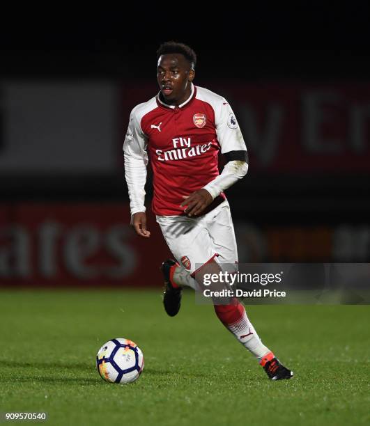 Tolaji Bola of Arsenal during the Premier League International Cup Match between Arsenal and Bayern Munich at Meadow Park on January 23, 2018 in...