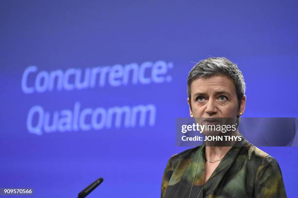 Competition Commissioner Margrethe Vestager gives a joint press conference at the EU Headquarters in Brussels, on January 25, 2018 as the EU hit US...