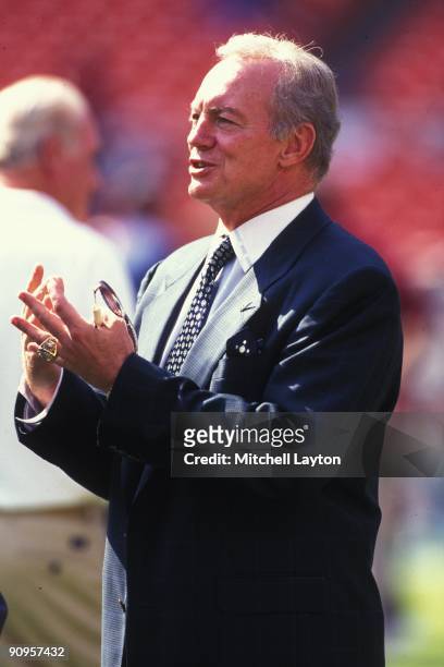 Jerry Jones, owner of the Dallas Cowboys, looks on before a NFL football game against the Washington Redskins on October 1, 1995 at RFK Stadium in...