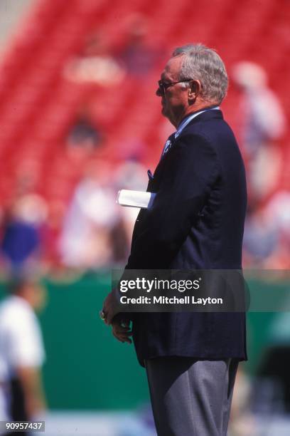 Jerry Jones, owner of the Dallas Cowboys, looks on before a NFL football game against the Washington Redskins on September 12, 1999 at Jack Kente...