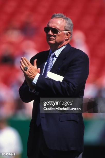 Jerry Jones, owner of the Dallas Cowboys, looks on before a NFL football game against the Washington Redskins on September 12, 1999 at Jack Kente...