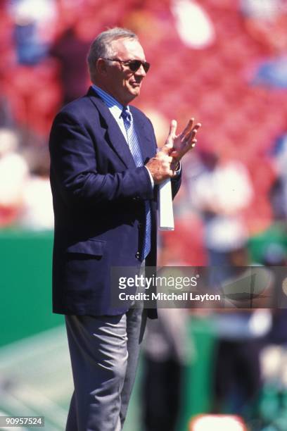 Jerry Jones, owner of the Dallas Cowboys, looks on before a NFL football game against the Washington Redskins on September 12, 1999 at Jack Kente...