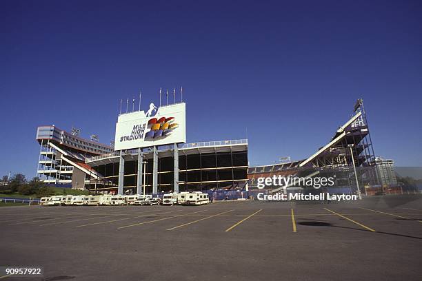 Exterior view of Mile High Stadium before a NFL football game between the Denver Broncos and the Kansas City Chiefs on October 20, 1991 at Mile High...