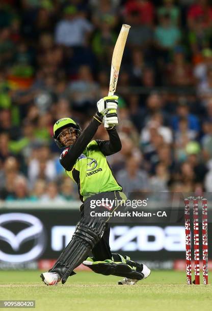 Arjun Nair of the Thunder bats during the Big Bash League match between the Sydney Thunder and the Melbourne Renegades at Manuka Oval on January 24,...
