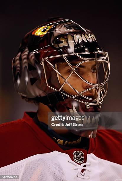 Al Montoya of the Phoenix Coyotes warms up prior to the game against the Los Angeles Kings at Staples Center on September 15, 2009 in Los Angeles,...