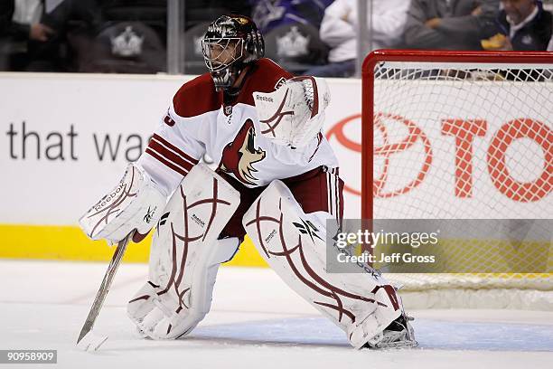 Al Montoya of the Phoenix Coyotes warms up prior to the game against the Los Angeles Kings at Staples Center on September 15, 2009 in Los Angeles,...