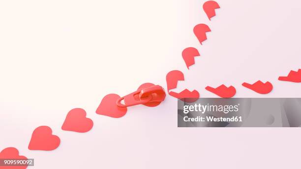 3d illustration, zipper, heart shape symbols - closing gap stock illustrations