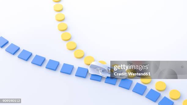 3d illustration, zipper, yellow circles and blue squares - reißverschluss stock-grafiken, -clipart, -cartoons und -symbole