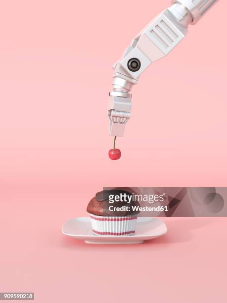 3d rendering, robot arm laying cherry on cupcake - farbiger hintergrund stock-grafiken, -clipart, -cartoons und -symbole