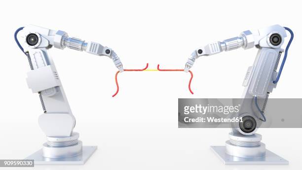 3d rendering, tug-of-war between robot arms - robotic arm stock illustrations